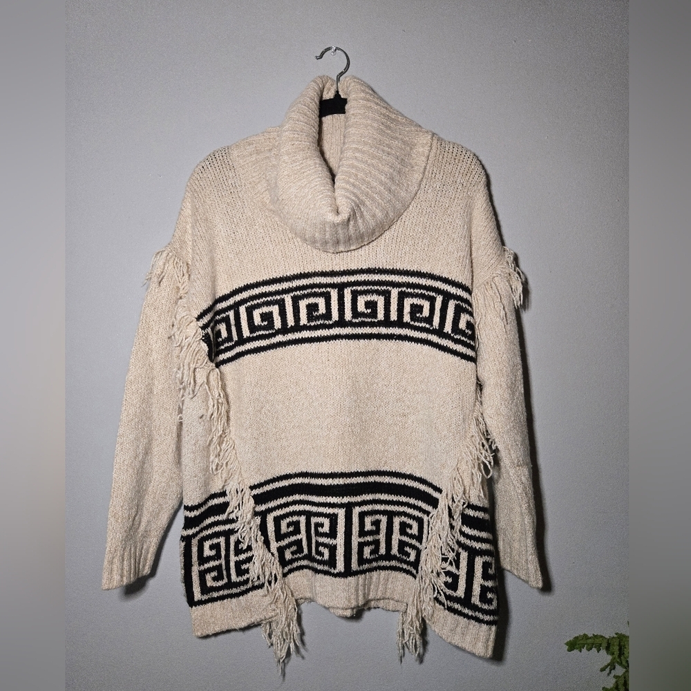 Fringe Knit Sweater Size Medium Beige Black Greek Key Pattern Cowl Neck